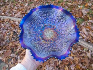 Northwood Embroidered Mums Antique Carnival Glass Blue Bowl Iridescent Art