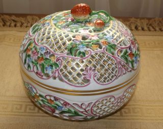 Extra Large Herend Pierced Reticulated Trinket Candy Bonbon Potpourri Box 7.  5 "