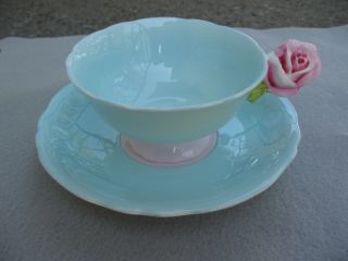 Vintage Paragon Rose Handle Tea Cup Saucer Bone China Green Pale Pink