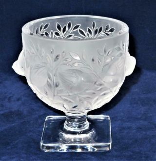 Lalique Frosted Crystal Vase,  Elizabeth,  Raised Birds,  Carved Leaves