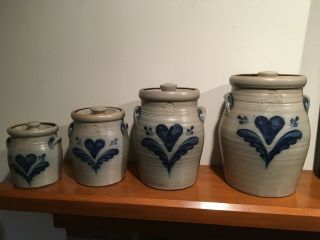 Rowe Pottery Blue Heart Canister Set Of 4