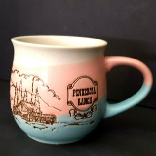 Vintage Bonanza Ponderosa Ranch Coffee Cup Mug Blue Pink Embossed Japan Ex Cond