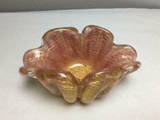 Vintage Barovier & Toso Murano Art Glass Bowl Dish Pink Gold Foil Mid Century 2