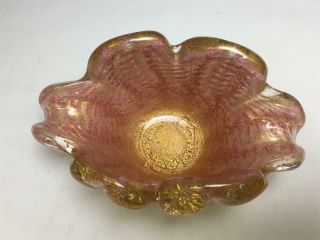 Vintage Barovier & Toso Murano Art Glass Bowl Dish Pink Gold Foil Mid Century 5