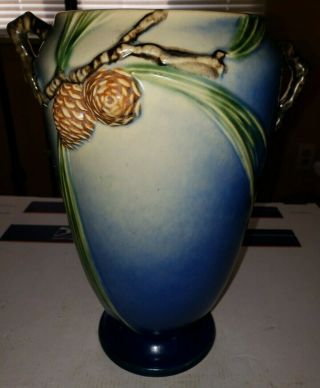 Roseville Pine Cone Blue Vase 709 10 1/2 " T With Label Color
