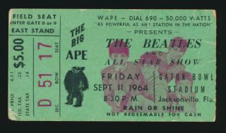 Beatles Rare 1964 Concert Ticket Stub The Florida Gator Bowl Concert