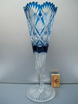 Vintage Val St.  Lambert Blue Crystal Vase Cut To Clear
