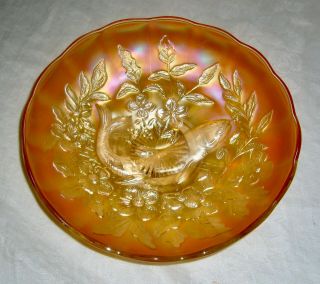 ANTIQUE MILLERSBURG MARIGOLD CARNIVAL GLASS TROUT & FLY ICE CREAM SHAPE BOWL 2