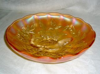 ANTIQUE MILLERSBURG MARIGOLD CARNIVAL GLASS TROUT & FLY ICE CREAM SHAPE BOWL 3