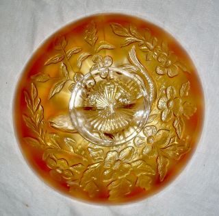 ANTIQUE MILLERSBURG MARIGOLD CARNIVAL GLASS TROUT & FLY ICE CREAM SHAPE BOWL 5