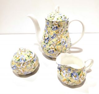 Queens Rosina English Chintz Teapot Creamer & Sugar Bowl Rare Discontinued & Htf
