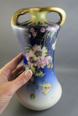 Antique c1900 Turn Teplitz Amphora Large Vase Austria Bohemia Blue Floral 6