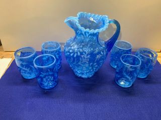 Fenton Blue Opalescent Daisy And Fern Pitcher And 6 Barrel Shaped Tumblers