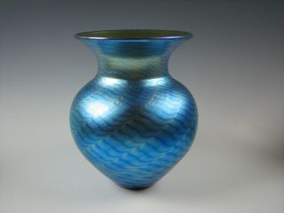 Lundberg Studios Blue And Gold Iridescent Art Glass Vase