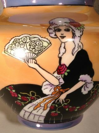 Art Deco Noritake 7 1/2 " Tall Basket With Lady On The Side W/ Orange Luster