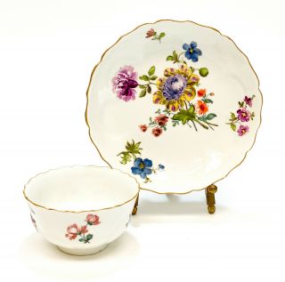 Meissen Germany Hand Painted Porcelain Cup & Saucer,  Multi - Color Flowers