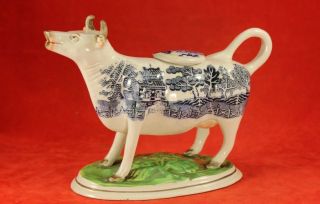 Antique Staffordshire 5⅛ " H Blue Willow Figural Cow Creamer W Lid - V Mark