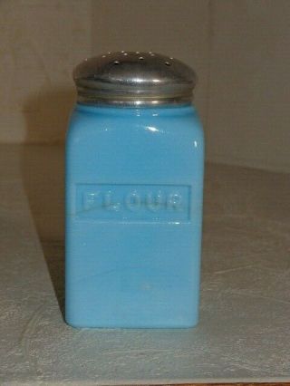 Rare Mckee Chalaine Blue Glass Square Embossed Letters Flour Shaker