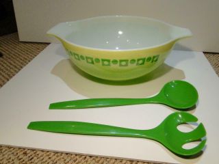 Rare Vintage Pyrex Green Polka Dot & Squares Salad Bowl W/fork & Spoon No Box