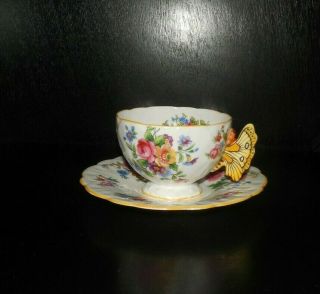 Aynsley Yellow Floral Butterfly Handle Demitasse Cup Saucer Vintage England