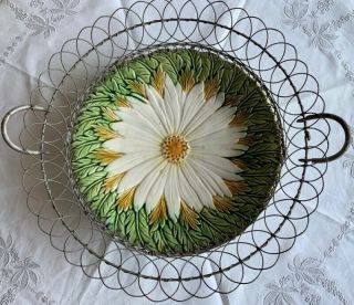 Victorian Wired Basket With Majolica Plate With Large White Daisy
