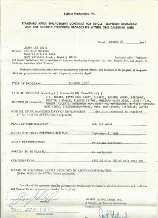 Jerry Lee Lewis Classic 1965 Shindig Signed Contract