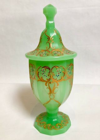 Wonderful Green Uranium Glass Tall Candy Dish Lidded Jar Enamel