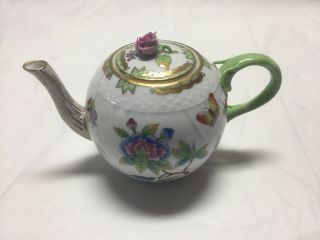 Herend Queen Victoria (green Border) 1604 Tea Pot W/rose