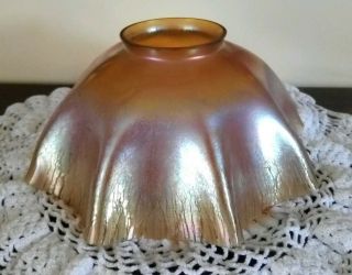Signed L.  C.  T.  Favrile Iridescent Gold Onionskin Tiffany Candlestick Lamp Shade