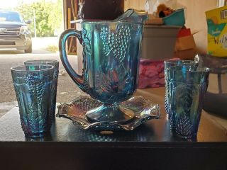 Carnival Glass Pitcher And Glasses