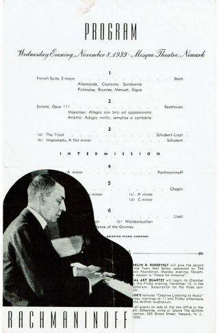 Rare Program 1939 Sergei Rachmaninoff Piano Concert At Mosque Theatre Newark Nj