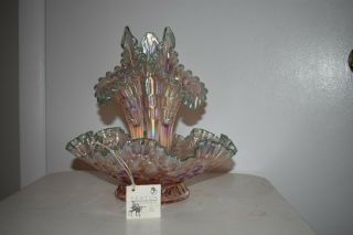Vintage Glassware Fenton Clear Pink Epergne 3 Horn Vase Ruffle
