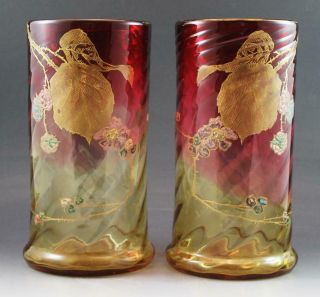 Pair Victorian Amberina Art Glass Cylinder Vases W/ Enamel Raspberries
