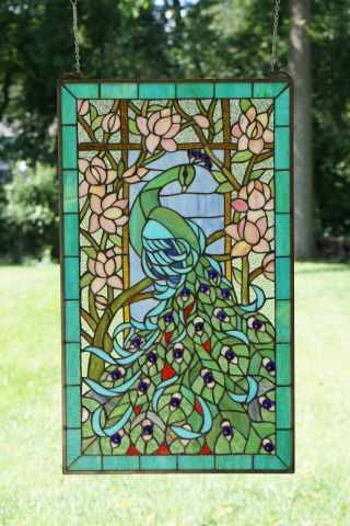 20 " X 34 " Large Handcrafted Stained Glass Peacock Window Panel