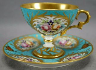Limoges Sevres Style Hand Painted Floral Turquoise & Gold Pedestal Cup & Saucer