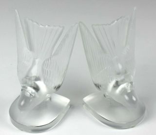 Pair Lalique France Art Glass Crystal Hirondelles Sparrow Bird Bookends Nr Hld