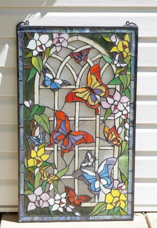 20 " X 34 " Large Handcrafted Stained Glass Window Panel Butterfly Garden Flower