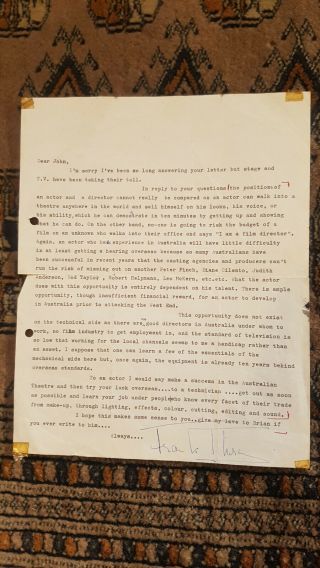 John D.  Lamond’s Letter From Australian Actor Frank Thring