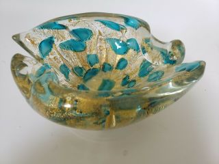 Ercole Barovier Vintage Murano Glass Gold & Aqua Aventurine Bowl 6.  5 In Wide