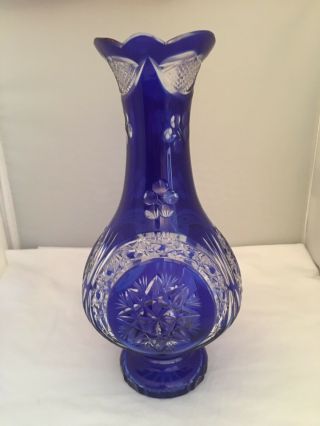 Vintage Bohemian Cobalt Blue Cut To Clear Glass Vase 11 " Tall