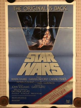 Star Wars 1982 Re - Issue Ss Folded Theatrical Poster W/revenge Jedi Slug