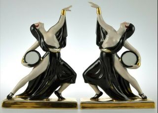 Robj Paris Art Deco Semi Nude Tambourine Dancers Bookends C 1925