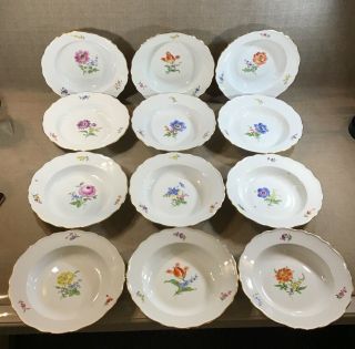 Set 12 Antique Meissen Floral Painted Gilded Soup Bowl Plates Second Quality