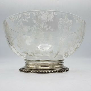 Rose Point Etched Glass Footed Bowl By Cambridge W/ Wallace Sterling Silver Base