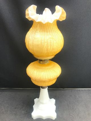 Rare Fenton For Lg Wright Honey Amber Overlay Maize Corn Gwtw Oil Lamp 23” Inch