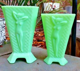 Vintage Mckee Jadite Jadeite Art Deco Nudes Vase Pair Both Smaller 7.  5 " And 8.  5 "