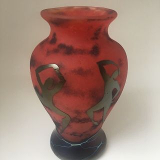 Okra Rare Signed Glass Moondance Out Of The Darkness Red And Black Vase
