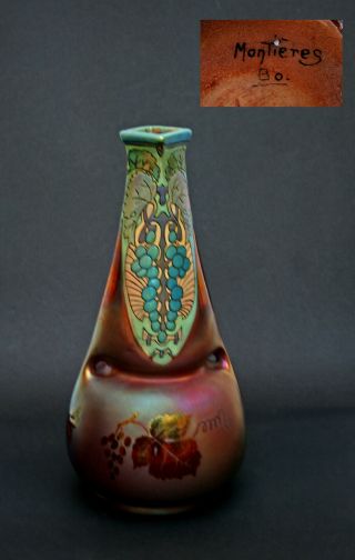 French Art Nouveau Montieres Pottery Iridescent Vase Vine Decoration Wine