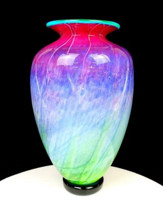 Michael Nourot Signed Green Blue Purple Pink Large 12 " Footed Vase 1976