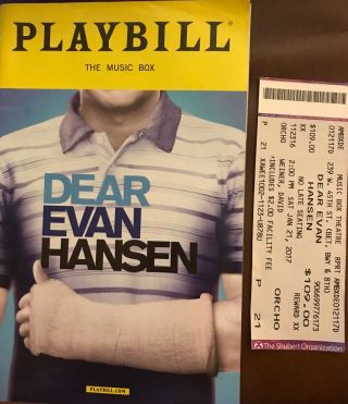 Dear Evan Hansen - Playbill & Ticket Stub From Bwy Cast - Ben Platt